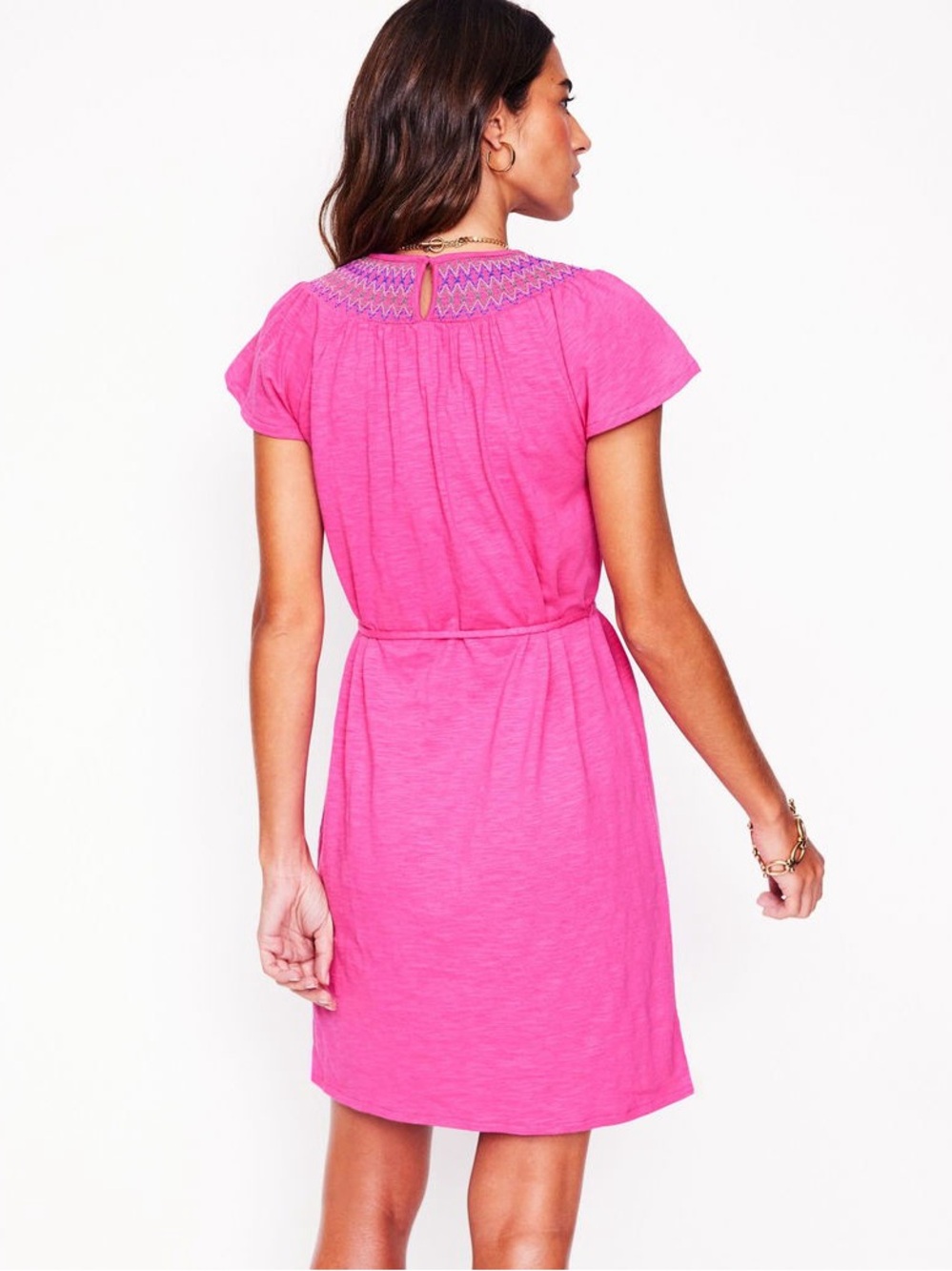 Boden Nina Smocked T-Shirt Dress Pink Cotton Short Sleeve Embroidered Size 6 - Picture 4 of 13